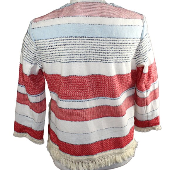 J. McLaughlin Davis Red Blue Cream Mixed Stripe Fringe hem Jacket, Size XS - Picture 6 of 8